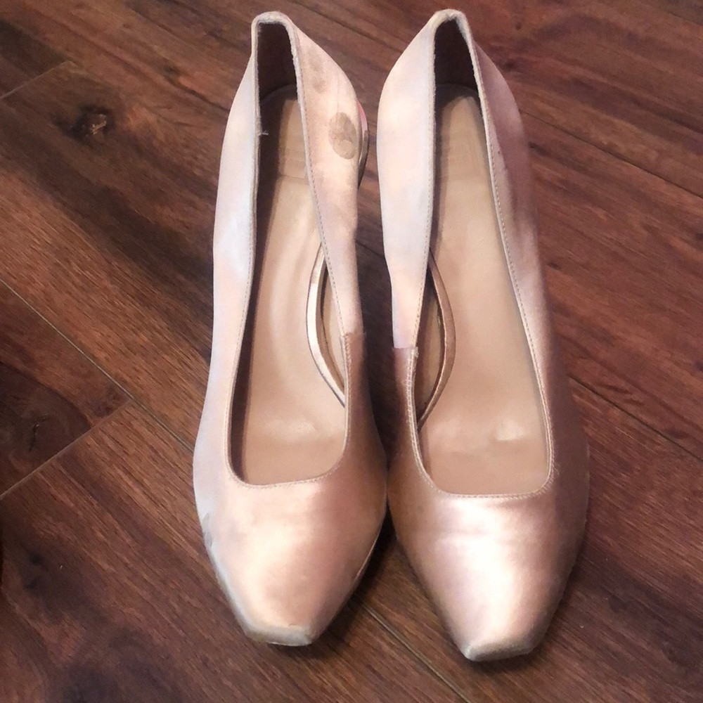 USED Herve Leger Evita Rose-gold/Nude satin pumps